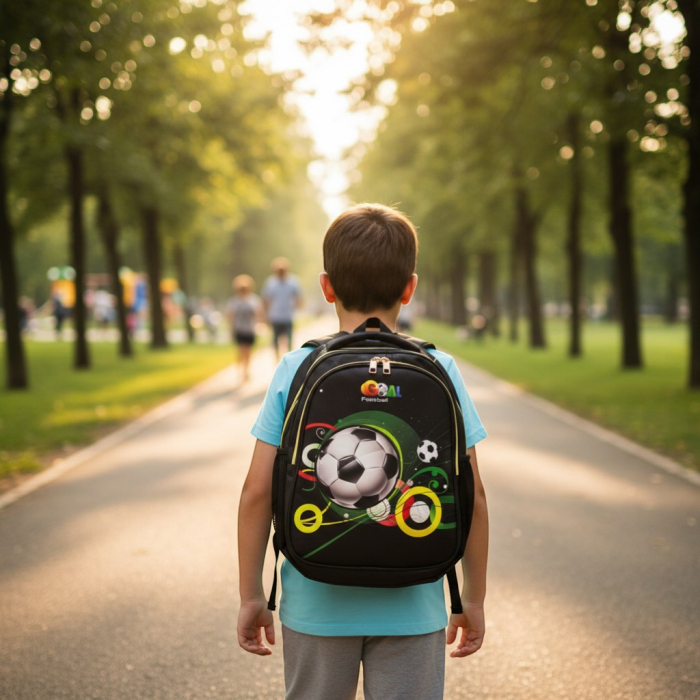 Ghiozdan școlar albastru pentru băieți cu imprimeu 3D minge de fotbal. [2]