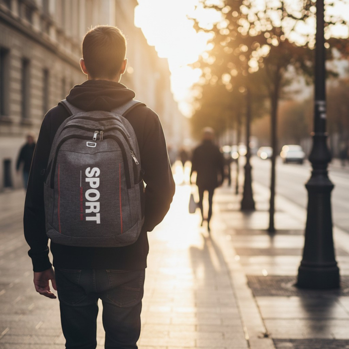 Rucsac urban ergonomic gri cu buzunar frontal și spate buretat. [2]