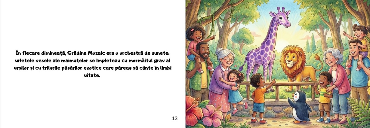 Coperta cartii Gradina Mozaic Puterea de a fi diferiti ilustrand o girafa violeta un leu si un pinguin sub un curcubeu [3]