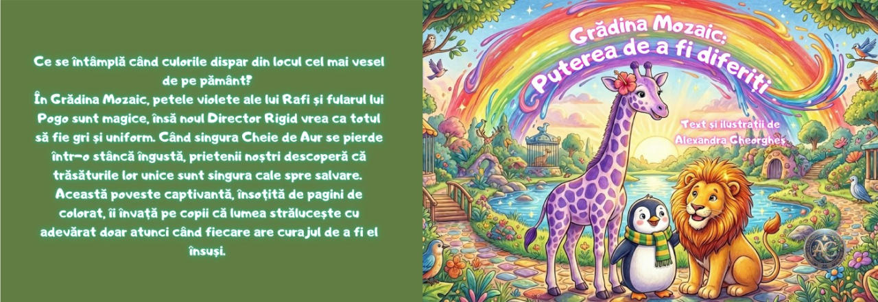Coperta cartii Gradina Mozaic Puterea de a fi diferiti ilustrand o girafa violeta un leu si un pinguin sub un curcubeu [2]