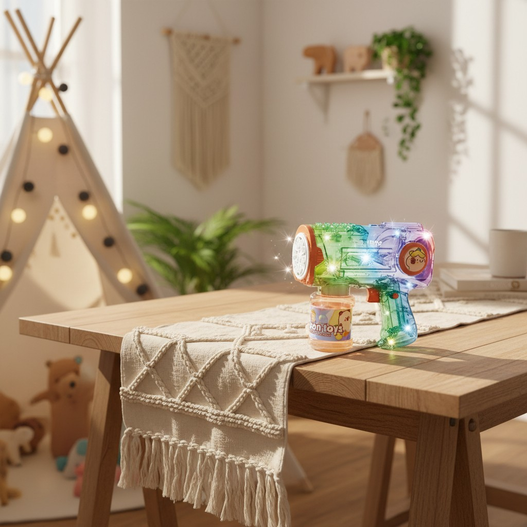 Jucărie Bubble Gun electrică model Capibara de culoare transparentă cu 10 orificii și lumini LED, în cutia originală. [2]