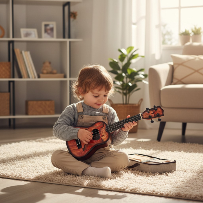 Chitară jucărie pentru copii cu design imitație lemn și decupaj inimă. [2]