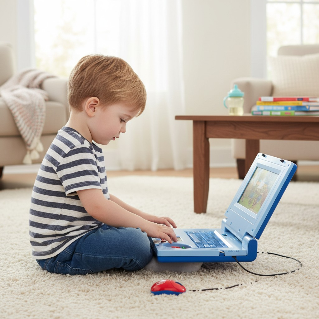 Laptop interactiv de jucărie albastru cu mouse roșu și ecran mecanic carusel ce derulează imagini. [2]