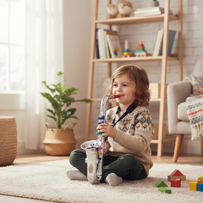 Saxofon jucărie muzicală auriu cu 8 clape colorate pentru copii 39 cm. [2]