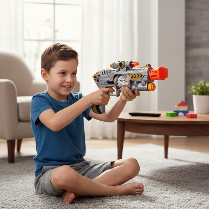 Pistol de jucarie AK928 cu lumini sunete si vibratii argintiu-auriu. [2]