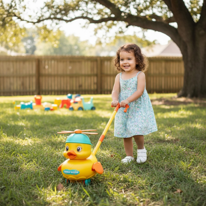 Jucarie rata de impins Lovely Ducks cu elice rotativa si roti anti-alunecare pentru copii. [2]