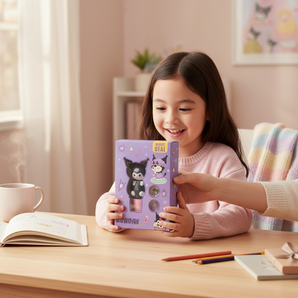 Cutie mov prezentând Jucăria ștampilă Kuromi Magic Seal cu figurină 3D și discuri interschimbabile. [2]