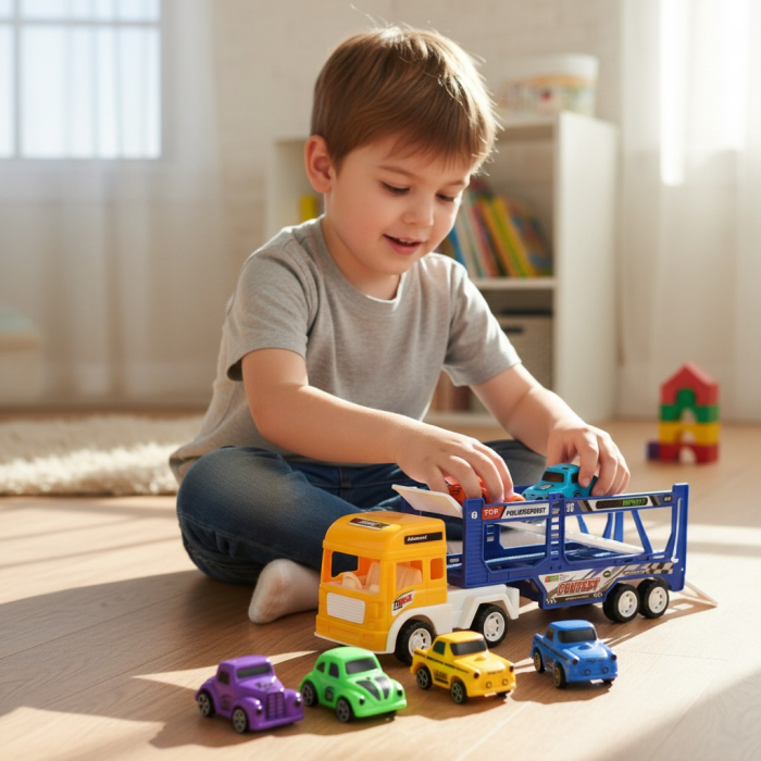 Tir de jucarie galben cu platforma albastra supraetajata si 5 masinute colorate incluse. [2]