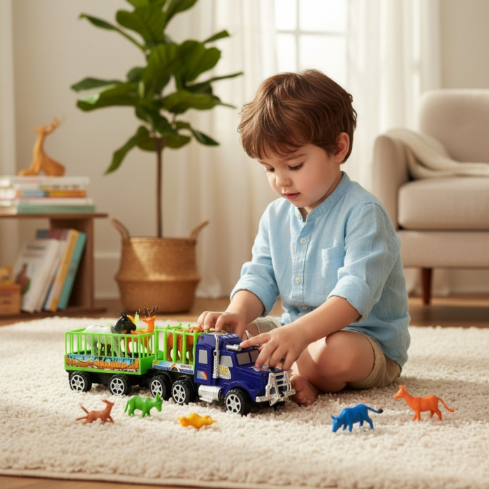 Tir de jucarie rosu cu doua remorci verzi transportand figurine de animale incluse. [2]