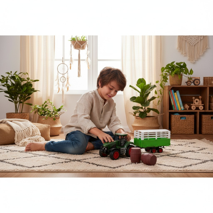 Tractor de jucărie verde cu remorcă și trei butoaie maro pentru joacă tematică. [2]