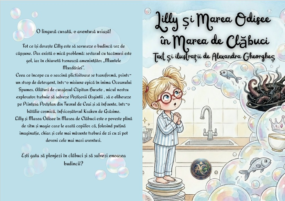 Coperta cartii Lilly si Marea Odisee in Marea de Clabuci de Alexandra Gheorghes aratand o fetita pe un teanc de farfurii [2]