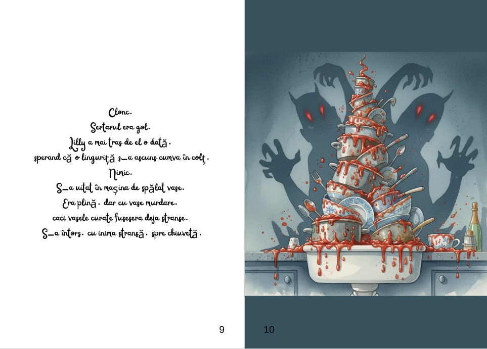 Coperta cartii Lilly si Marea Odisee in Marea de Clabuci de Alexandra Gheorghes aratand o fetita pe un teanc de farfurii [3]