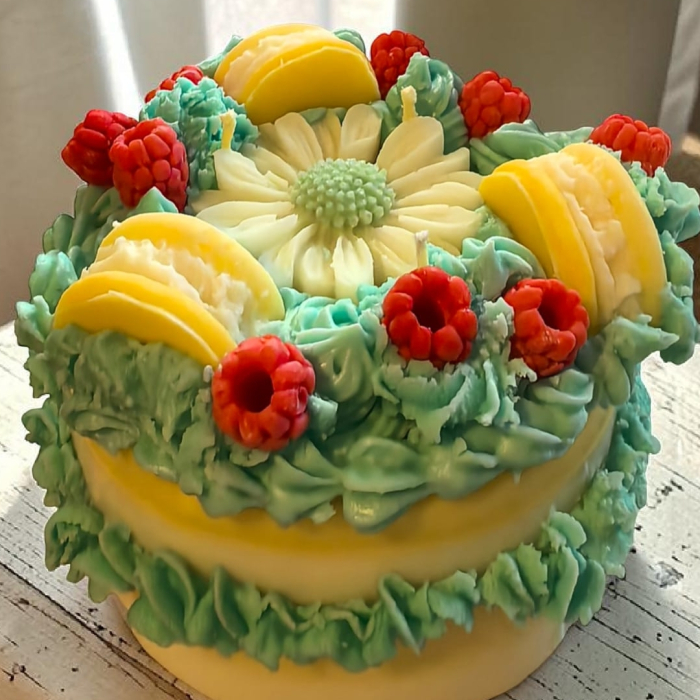 Lumânare din ceară de soia sub formă de tort, cu bază galbenă și glazură turcoaz, decorată cu margaretă, zmeură roșie și macarons galbene. [2]
