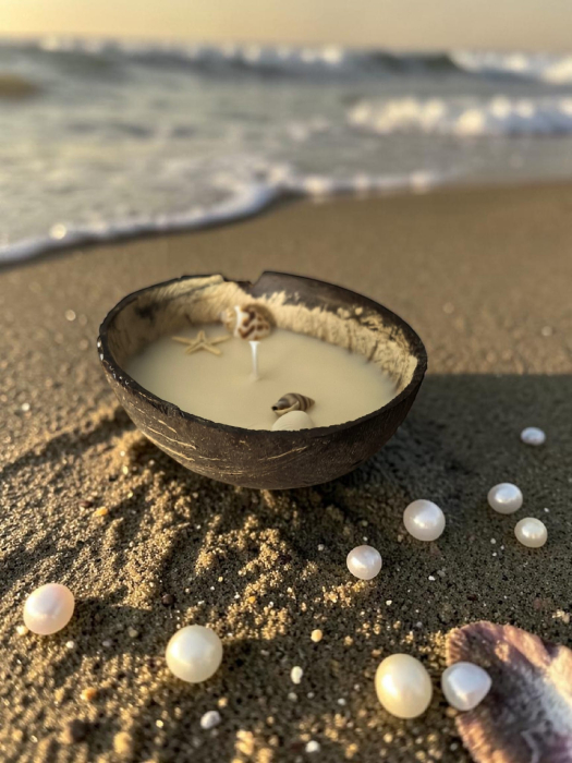 Lumânare parfumată din ceară de soia naturală turnată într-o nucă de cocos, decorată cu scoici și o steluță de mare, așezată pe nisipul plajei. [3]