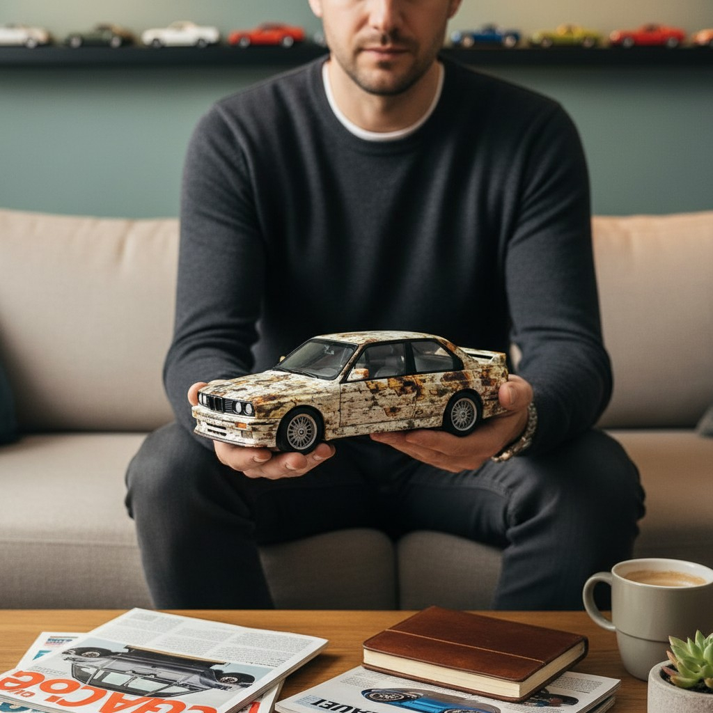 Machetă metalică BMW M3 E30 scara 1:24 cu finisaj vopsea efect rugină pe fundal verde. [2]