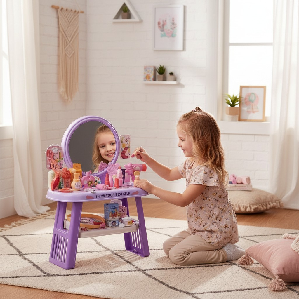 Măsuță de machiaj mov pentru copii cu oglindă rotundă și 53 de accesorii Pretty Girl. [2]