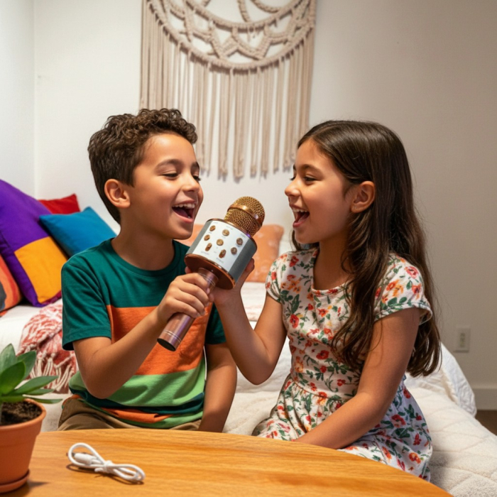 Microfon karaoke wireless auriu de 20 cm cu boxă integrată și panou de control Bluetooth. [2]