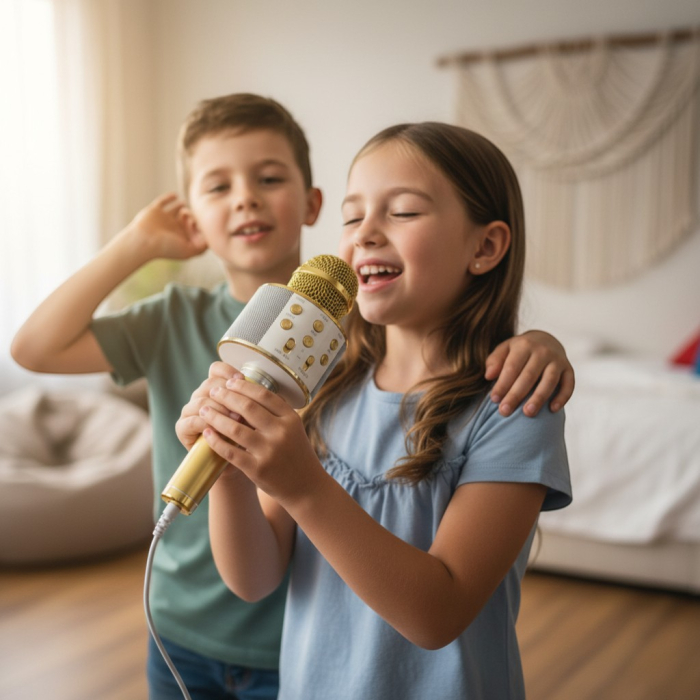 Microfon karaoke wireless auriu de 20 cm cu boxă integrată și panou de control Bluetooth. [2]