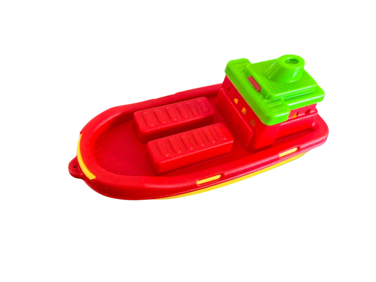 Mini barcă de jucărie din plastic pentru băiță, având coca galbenă, puntea albastră și cabina verde cu detalii portocalii. [3]