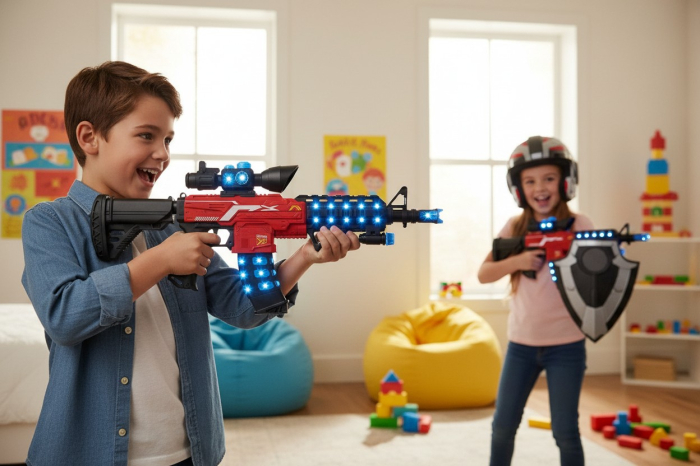 Mitralieră electrică de jucărie roșu-negru cu lumini LED albastre aprinse și lunetă. [2]