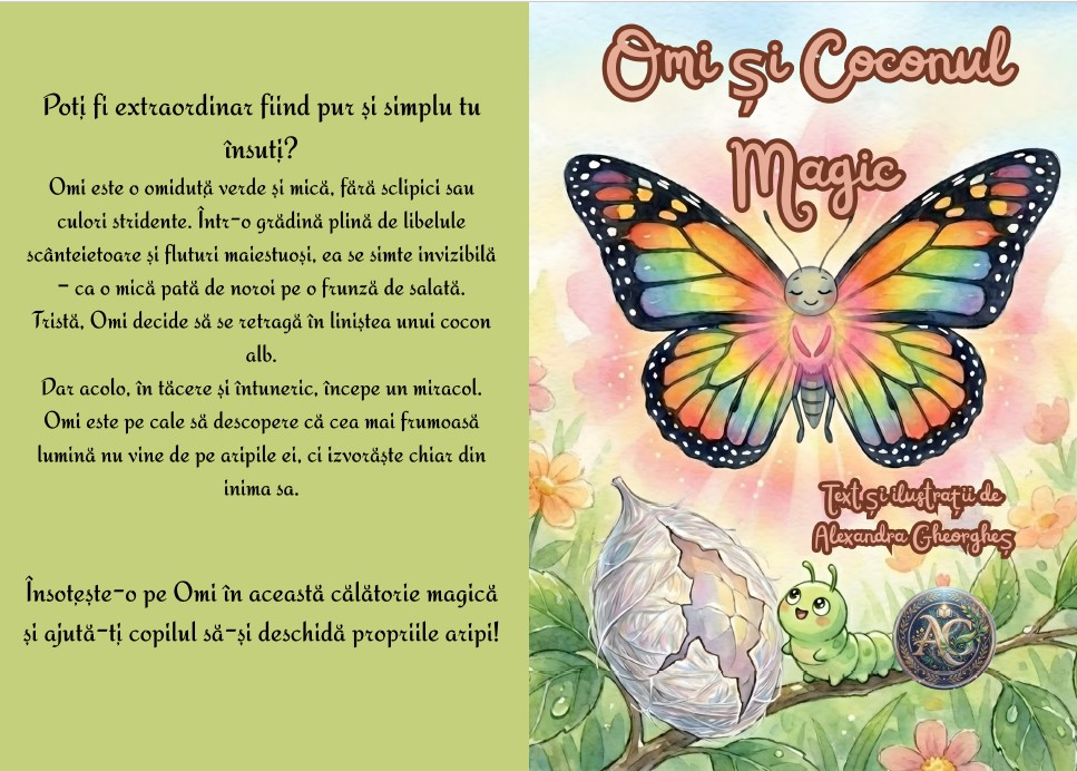 Coperta cartii Omi si Coconul Magic de Alexandra Gheorghes cu un fluture colorat si o omida [2]