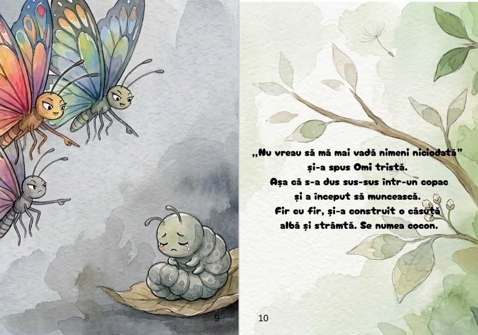 Coperta cartii Omi si Coconul Magic de Alexandra Gheorghes cu un fluture colorat si o omida [3]
