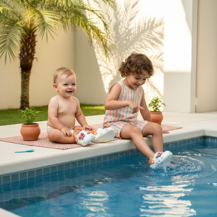 Papuci de exterior pentru copii tip crocs albi cu model fluturasi si bareta portocalie. [3]