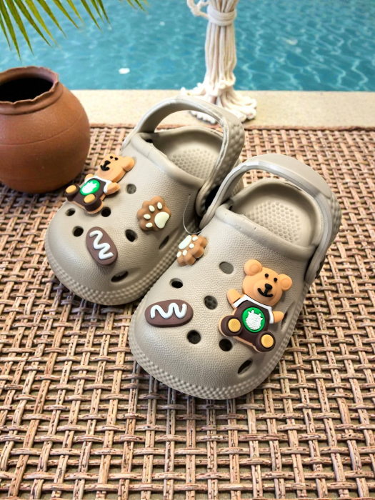 Papuci copii tip crocs albi cu ursuleț și baretă pivotantă mărimi mici. [2]