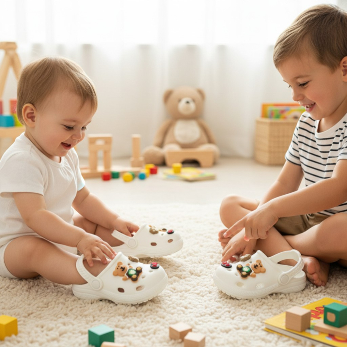 Papuci copii tip crocs albi cu ursuleț și baretă pivotantă mărimi mici. [3]