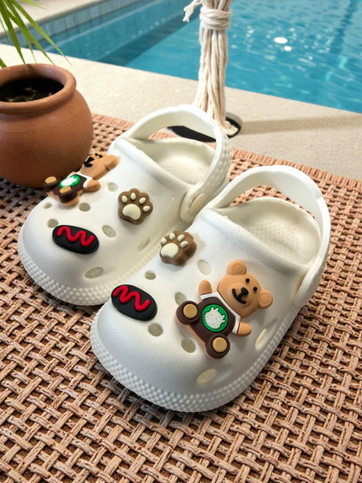 Papuci copii tip crocs albi cu ursuleț și baretă pivotantă mărimi mici. [2]