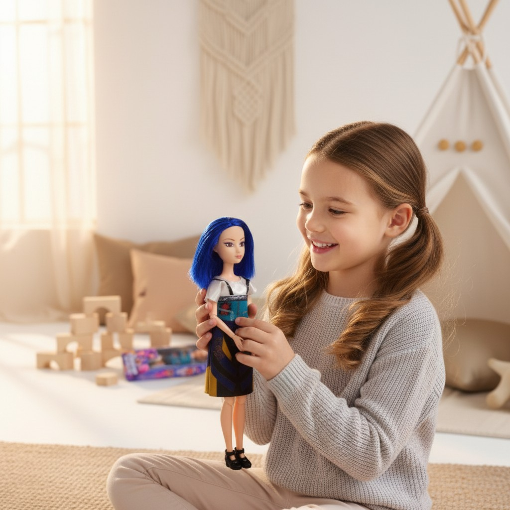 Păpușă articulată Fashion Girls cu păr albastru și ținută modernă stil K-Pop în cutia originală. [2]