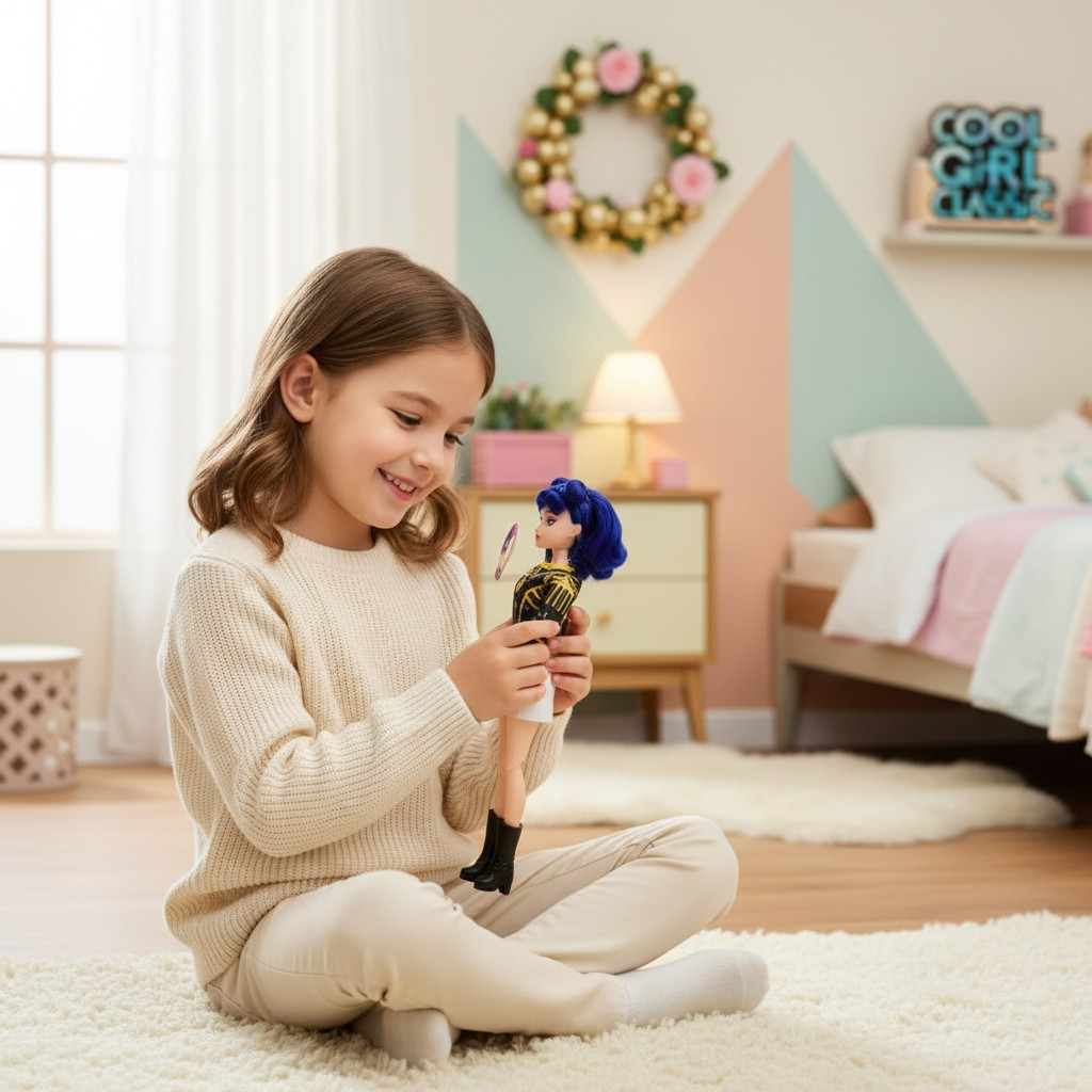 Păpușă K-Pop Demon Hunters Cool Girl Classic de 30 cm cu păr albastru și chitară albastră într-o cutie de prezentare. [2]