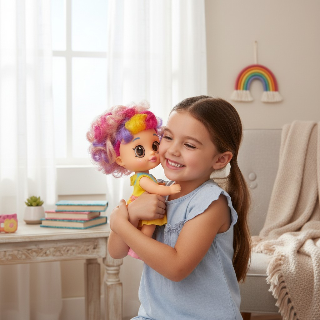 Păpușă Sparkle Kids cu ochi mari 5D expresivi, păr multicolor și ținută veselă, dotată cu funcție muzicală. [2]