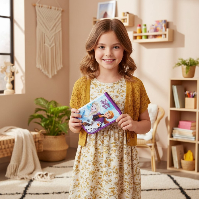 Penar școlar Frozen original cu un fermoar și două flapsuri interioare pentru organizare, design cu Elsa și Anna. [2]