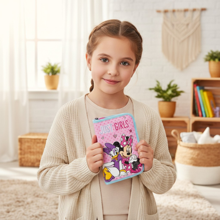 Penar școlar original Disney cu Minnie Mouse și Daisy Duck, un fermoar și două clapete interioare. [3]