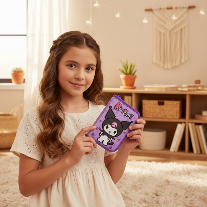 Penar școlar Kuromi original cu un fermoar și două flapsuri interioare pentru organizare, design negru și mov. [2]