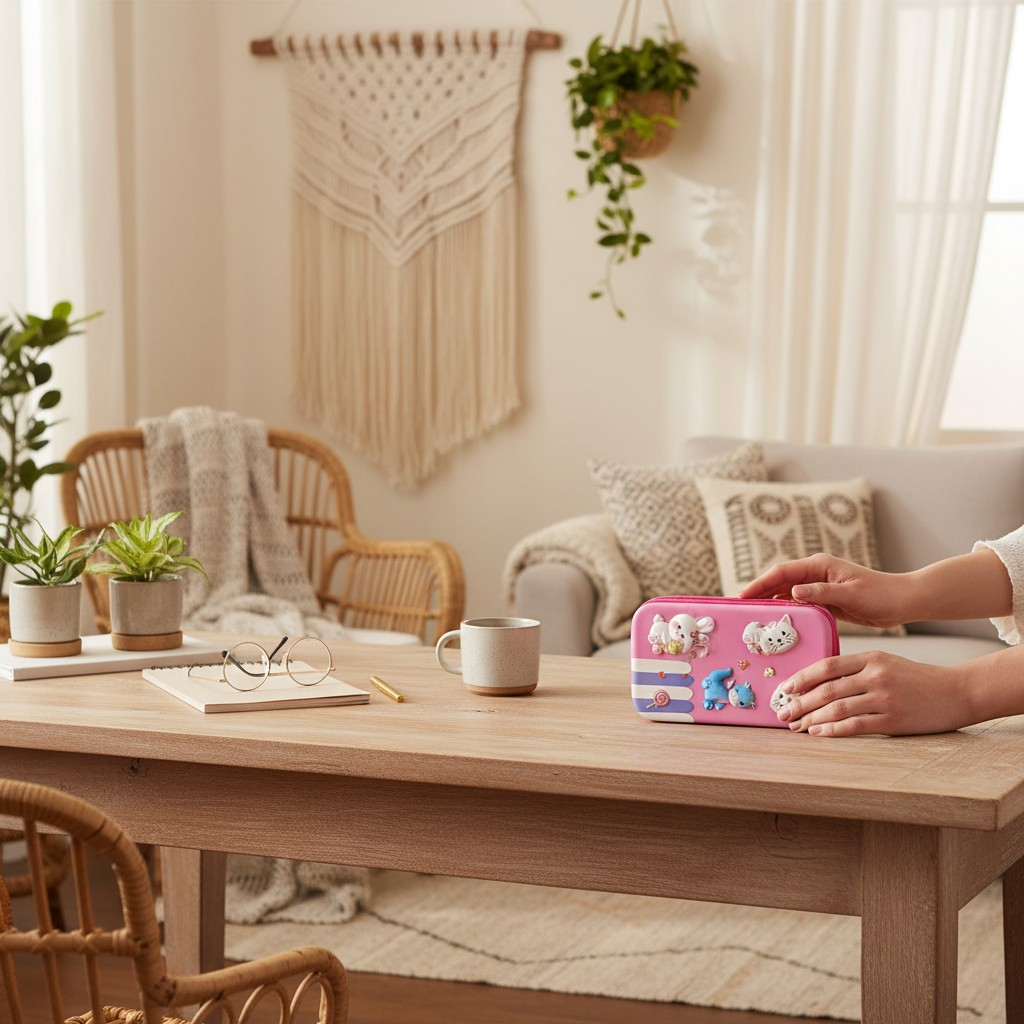 Penar scolar mare 3D roz cu animalute in relief si un fermoar [2]