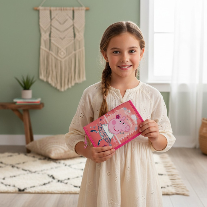 Penar școlar original Peppa Pig cu un fermoar și două flapsuri interioare pentru organizare, design roz cu Peppa. [2]
