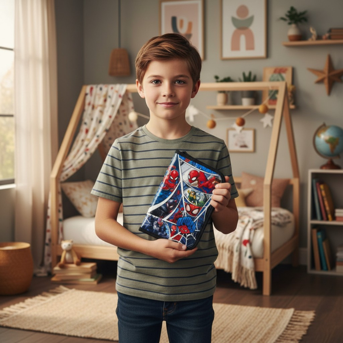 Penar școlar original Spider-Man cu un fermoar și două flapsuri interioare pentru organizare, design roșu și negru Marvel. [2]