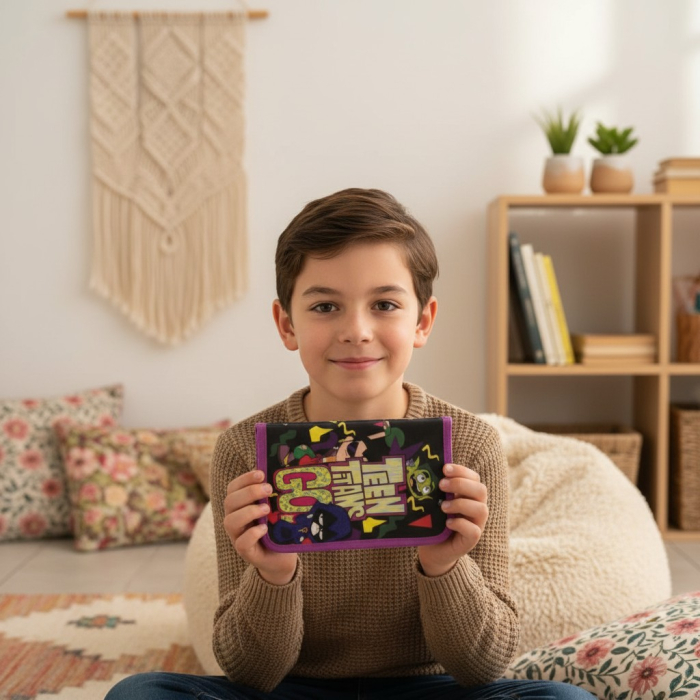 Penar școlar original Tinerii Titani (Teen Titans Go!) cu un fermoar și două clapete interioare pentru organizare. [3]