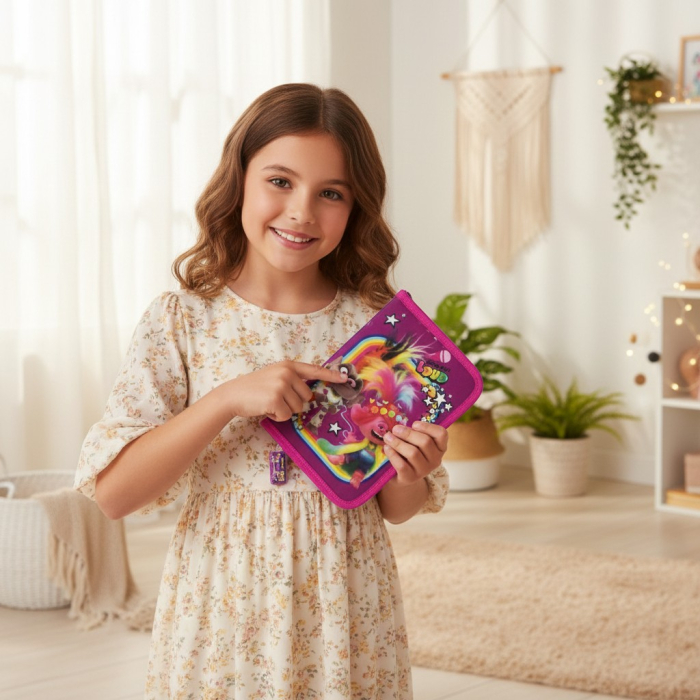 Penar școlar original Trolls cu un fermoar și două flapsuri interioare pentru organizare, design vesel cu Poppy. [3]