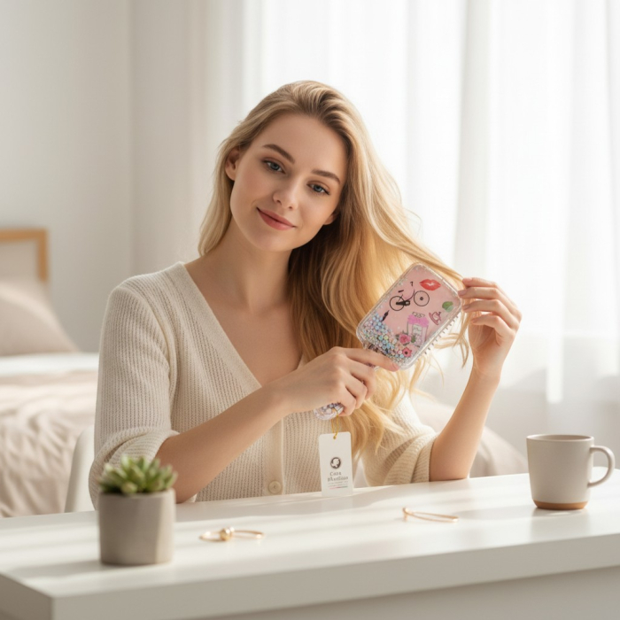 Perie profesionala pentru descalcit parul cu bilute colorate mobile si design chic roz [2]