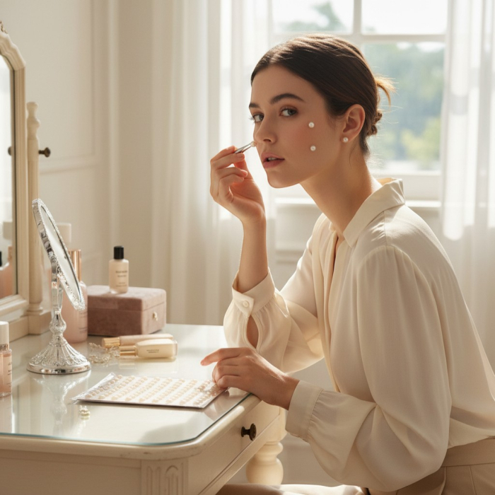 Perle albe 3D autoadezive de diferite dimensiuni aplicate pe față și în păr pentru un look de festival. [2]