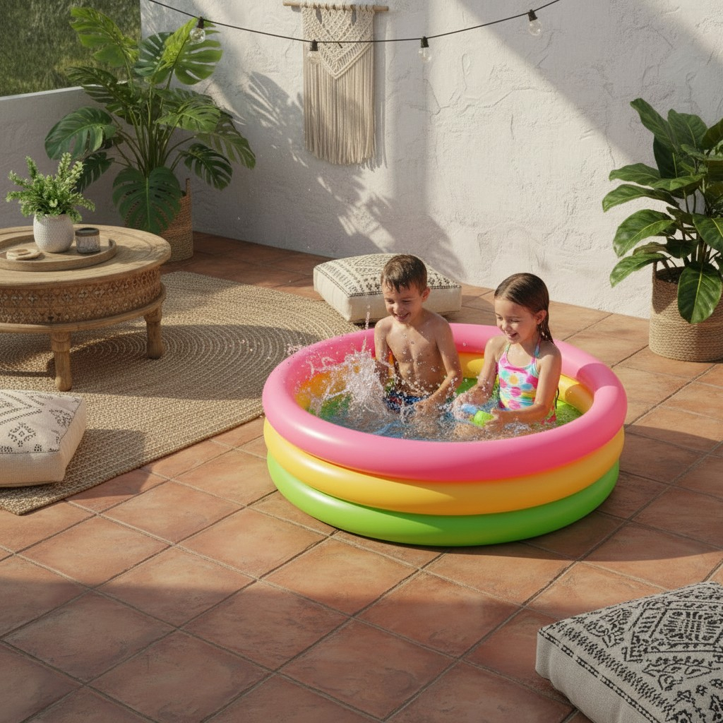 Piscină gonflabilă pentru copii cu 3 inele în culori pastelate, diametru 150 cm, instalată în grădină. [2]