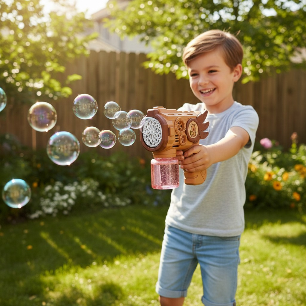 Pistol cu baloane de săpun maro cu aripi și model Capybara, eliberând baloane în aer liber. [2]