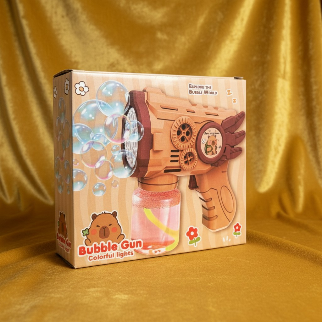 Pistol cu baloane de săpun maro cu aripi și model Capybara, eliberând baloane în aer liber. [3]