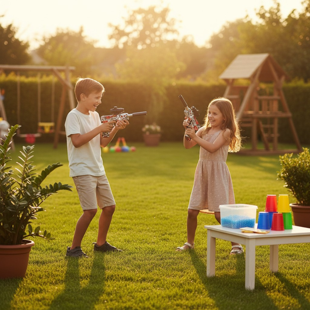 Pistol cu bile de gel „Skull Graffiti” echipat cu lunetă și amortizor, pe un fundal urban. [2]