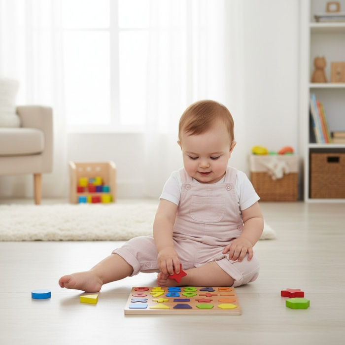 Placa puzzle din lemn Montessori cu literele alfabetului si cifre colorate. [3]