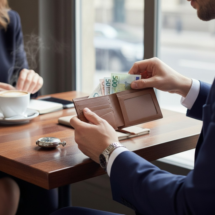 Portofel minimalist maro din piele ecologică cu compartimente pentru carduri și bancnote. [2]