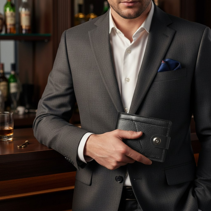 Portofel bărbătesc negru/maro cu clapetă și capsă metalică, design texturat modern. [2]